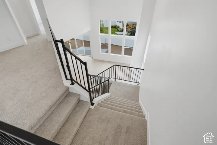 Open-riser staircase featuring black metal railings, carpeted flooring, and a multi-pane window configuration