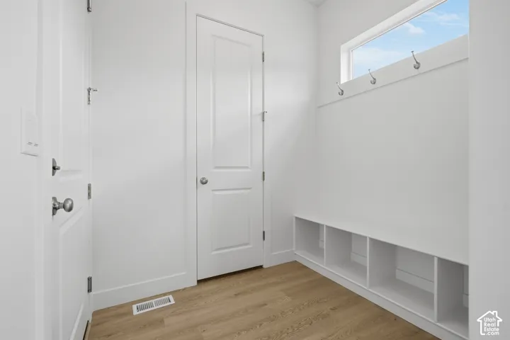 Mudroom featuring wood-finish flooring, custom built-in cubby storage, wall-mounted metal hooks, a horizontal transom window, and solid core doors with brushed nickel hardware