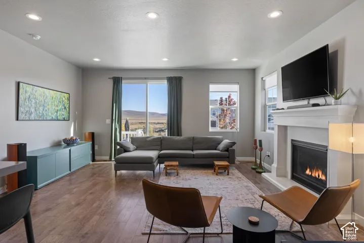 Living area featuring recessed lighting, wood-finish flooring, a fireplace with a decorative mantel, and a glass sliding door