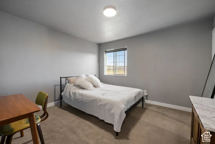 Neutral-toned interior space featuring wall-to-wall carpeting, grey-painted walls, a single-pane window with a grid pattern, and a flush-mount ceiling light fixture