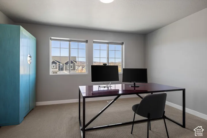 Neutral wall tones, wall-to-wall carpeting, and dual-pane windows with muntin bars