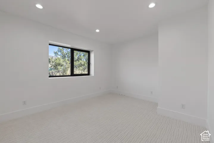 Interior space featuring neutral wall-to-wall carpeting, recessed ceiling lighting, and a single-hung window with a dark-finished frame