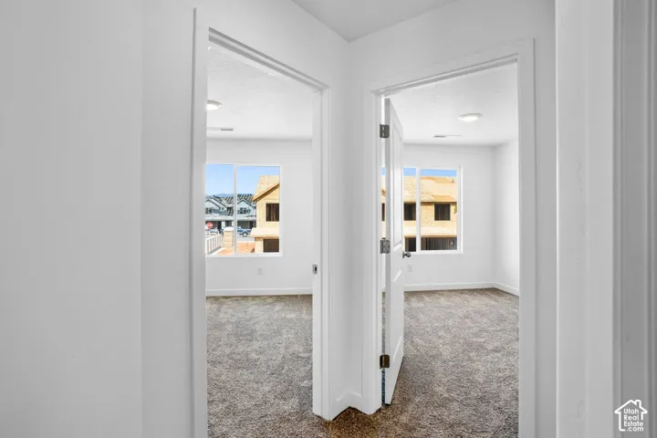 Neutral interior featuring crisp white wall finishes, plush carpeting, ceiling-mounted light fixtures, and multiple large windows
