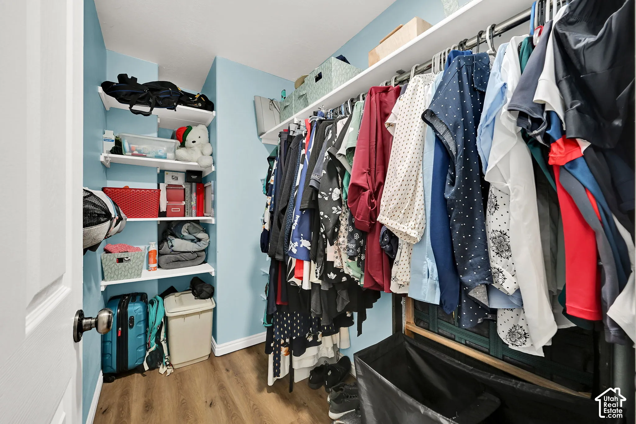 Walk-in closet featuring wood-finish flooring, full-length built-in hanging rods, and multi-tier wall-mounted shelving