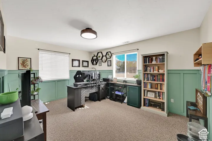 Room featuring wainscoting with sage green paneling, neutral carpeting, dual windows with horizontal blinds, and a circular flush-mount ceiling light fixture
