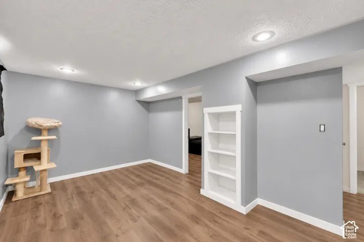 Neutral-toned interior featuring wood-finish flooring, recessed lighting, and a white built-in wall niche
