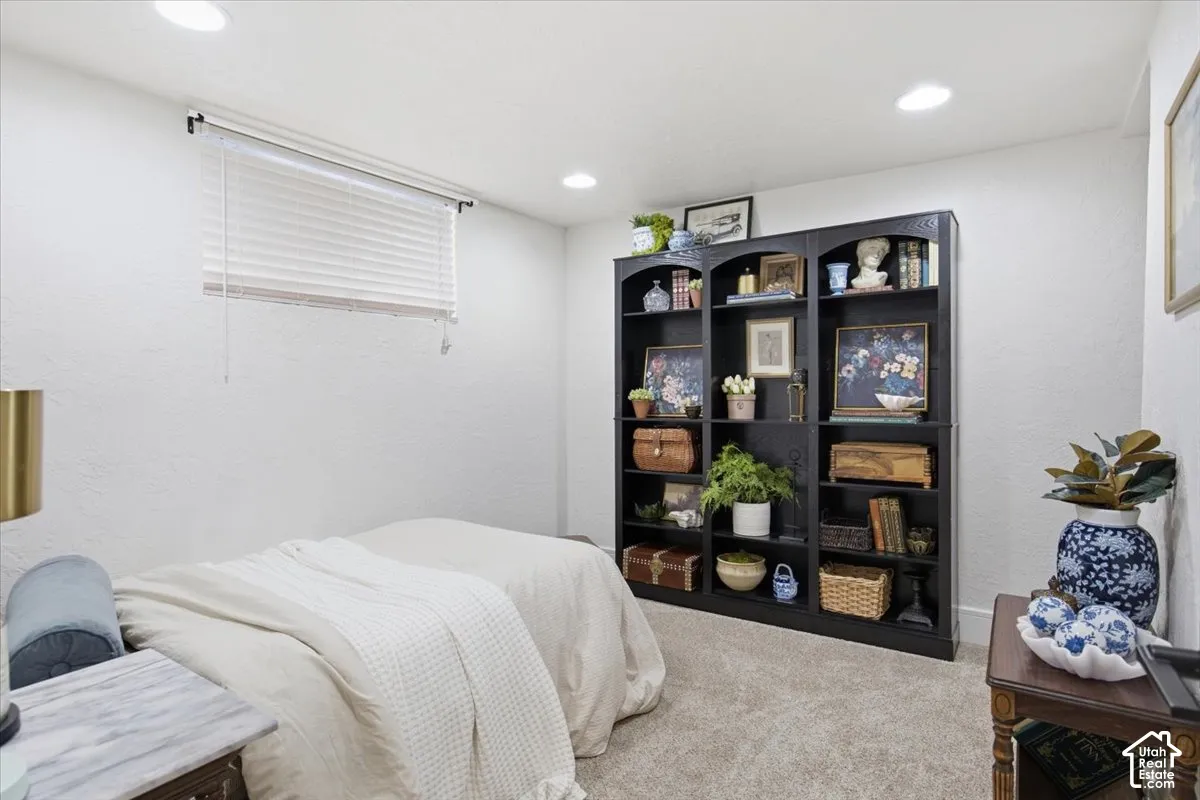 Built-in floor-to-ceiling black cabinetry, recessed lighting, and wall-to-wall carpeting