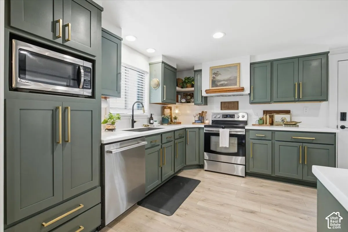 Kitchen featuring sage green cabinetry with brass-finish hardware, stainless steel appliances, solid-surface countertops, and light-tone wood-finish flooring