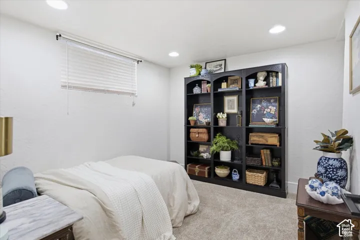 Built-in floor-to-ceiling black cabinetry, recessed lighting, and wall-to-wall carpeting