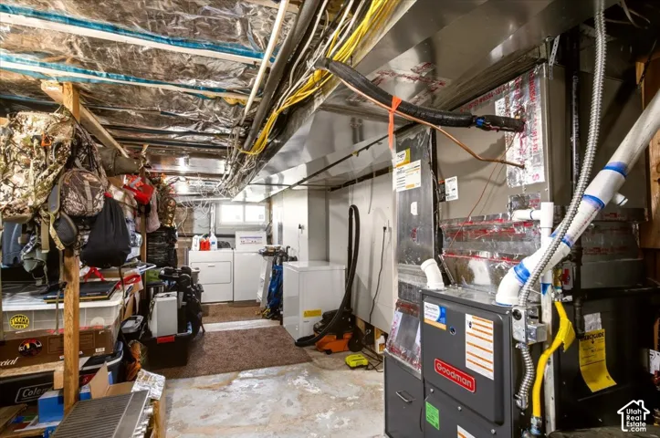 Utility area featuring a high-efficiency Goodman furnace with attached metal ductwork and exposed ceiling insulation