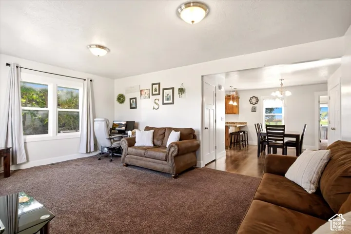 Living area featuring neutral wall paint, carpeting, dual flush-mount ceiling light fixtures, and multi-pane windows
