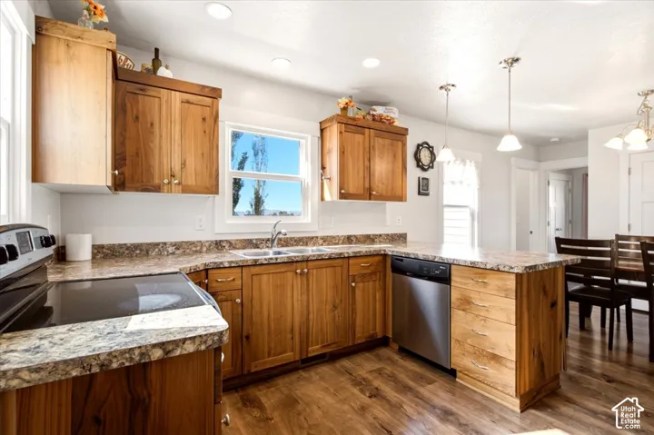 Kitchen featuring knotty wood cabinetry, stone-patterned countertops, stainless steel dishwasher, recessed lighting, and wood-finish flooring