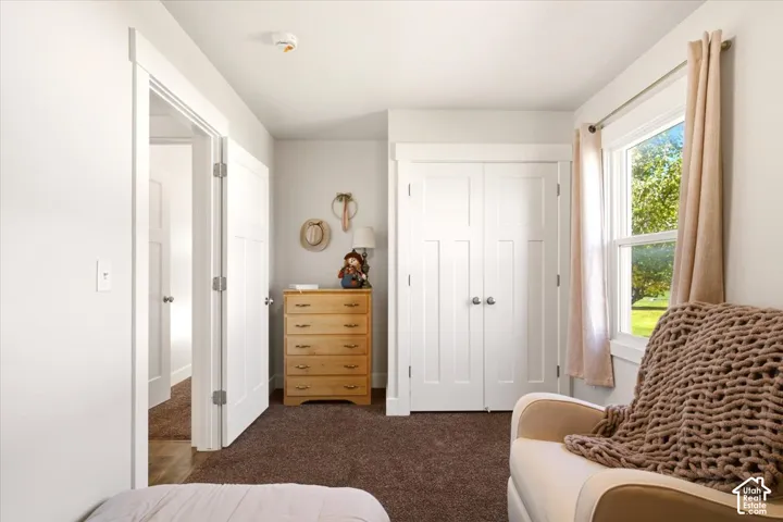 Room featuring neutral wall tones, carpeted flooring, double-door closet with shaker-style panels, and traditional window casing