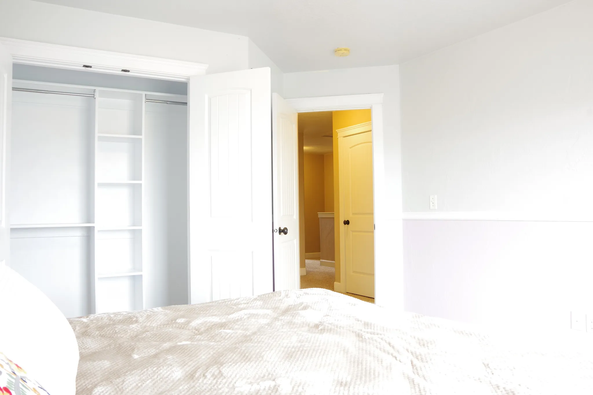 Built-in closet with integrated shelving, two-panel interior doors, and wainscoting detail