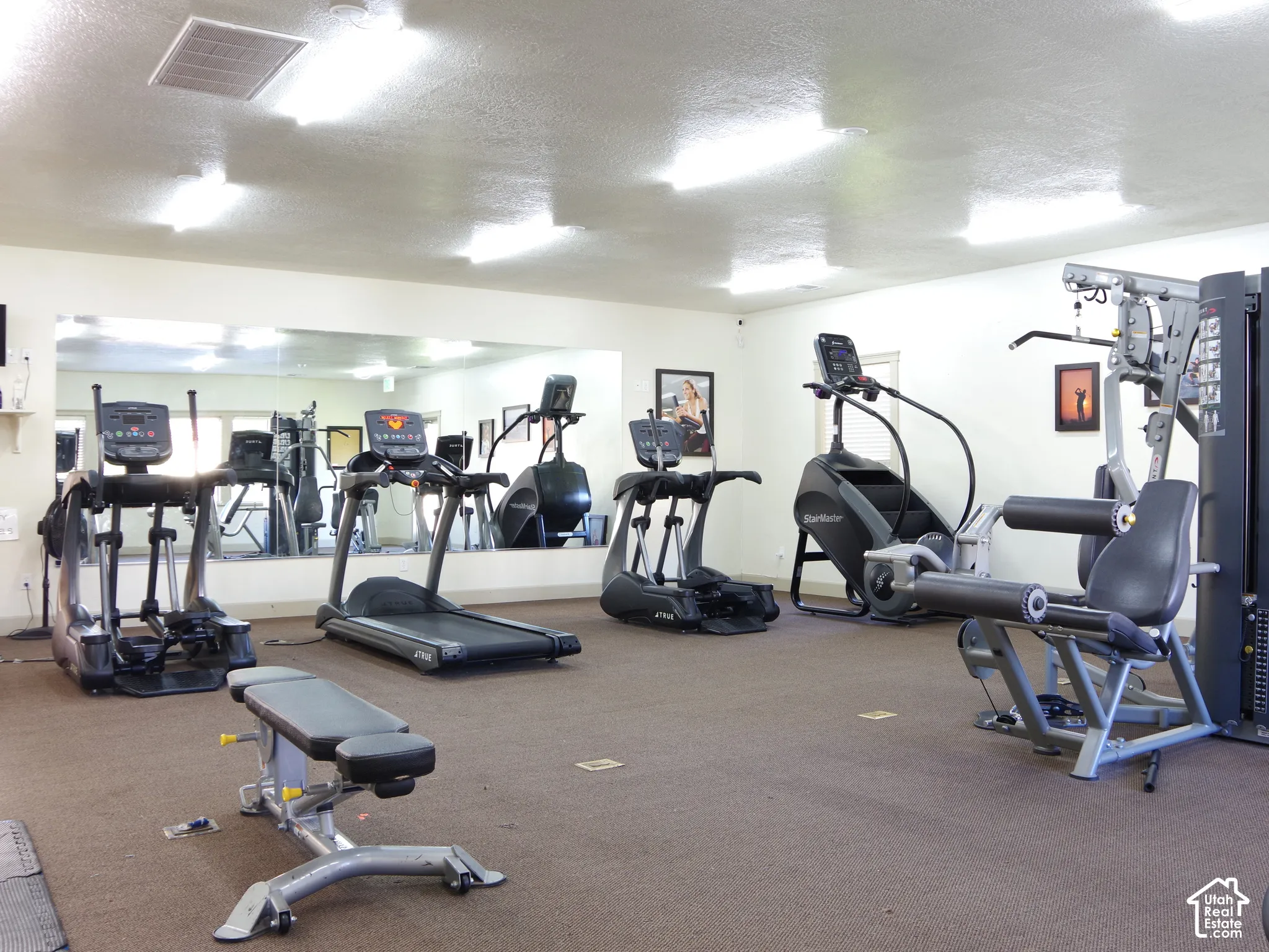 Expansive fitness room featuring wall-to-wall mirrors, recessed lighting, and carpeting