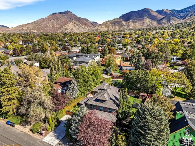 Aerial perspective featuring mountain range backdrop, mature canopy trees, asphalt driveway, and multi-level roofline