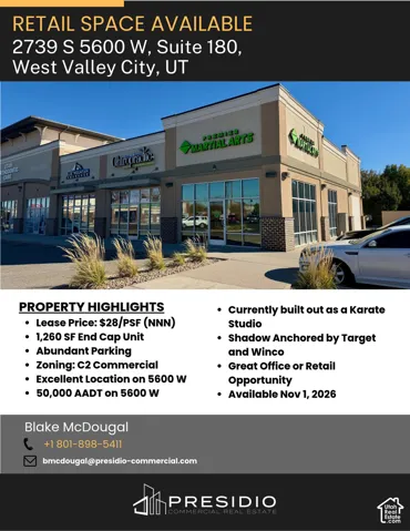 Commercial Property Listing. Identifying lease terms, unit specifications, and traffic metrics for the property