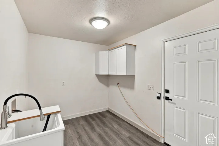 Utility area featuring wood-finish flooring, white wall-mounted storage cabinetry, a deep basin utility sink with a high-arch pull-down faucet, and a six-panel exterior door