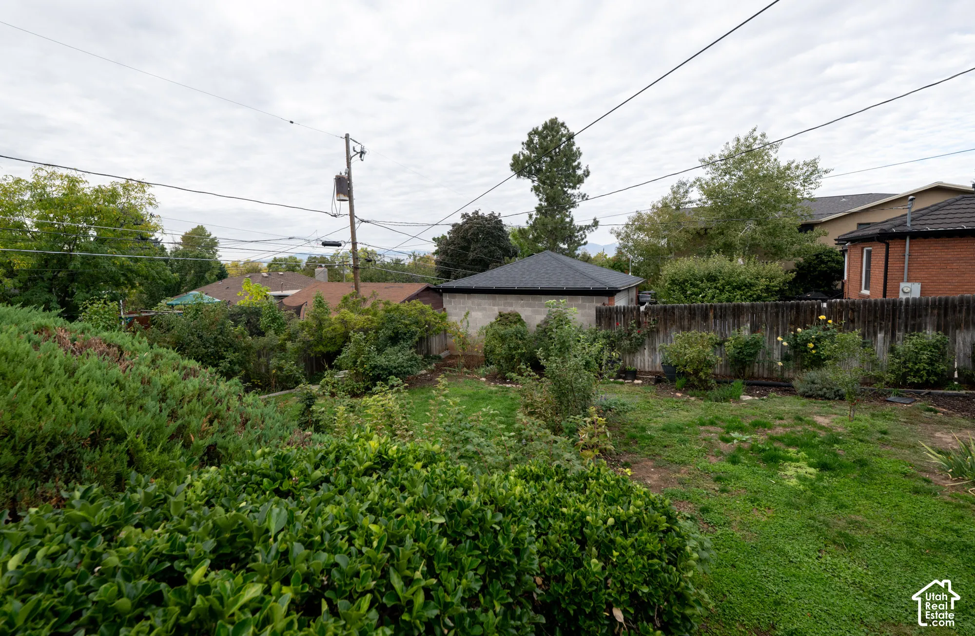 Outdoor space featuring a grass lawn, wood-slat perimeter fencing, and mature shrubbery