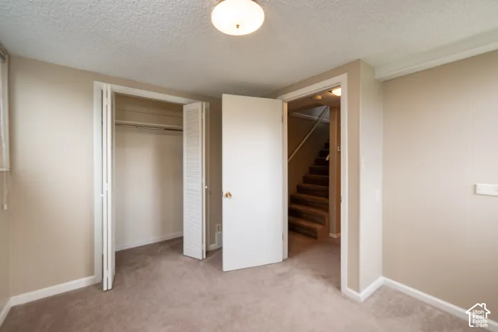 Neutral wall tones, carpeting, bi-fold closet doors, and flush-mount lighting