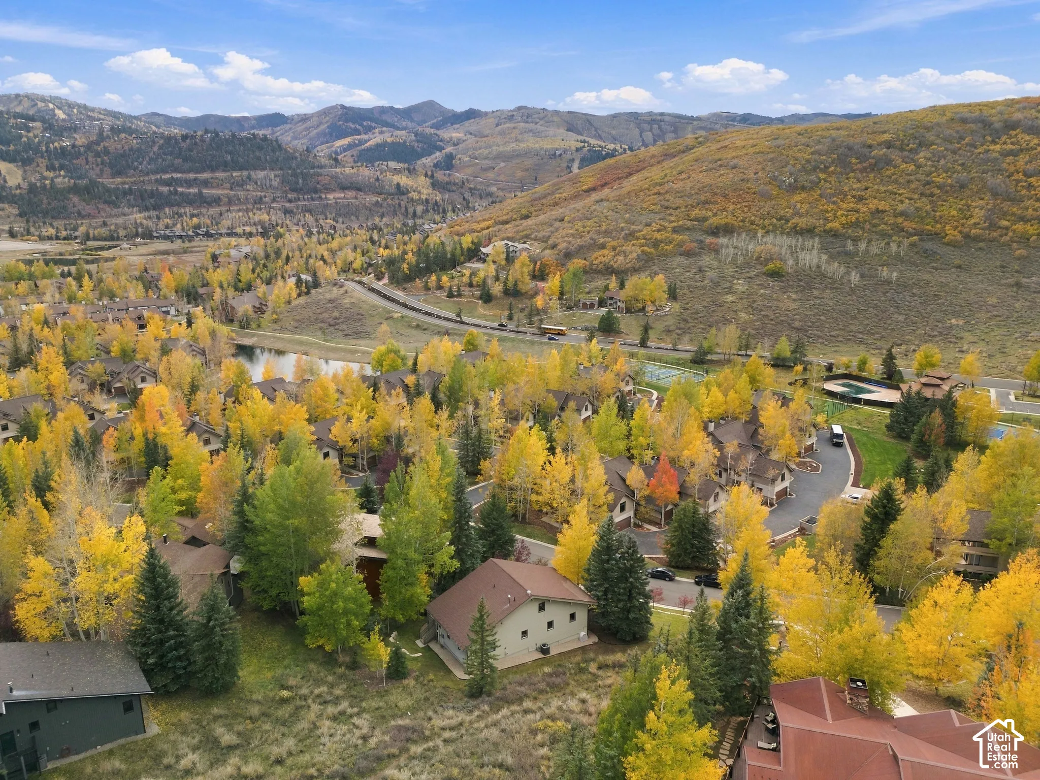 Aerial perspective of a mountainside residential area featuring mature deciduous and evergreen trees, prominent topography, and a paved road network