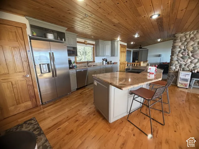 Kitchen featuring solid wood-plank ceiling, natural stone fireplace surround, central island with stone countertop, stainless steel appliances, and wood-finish flooring
