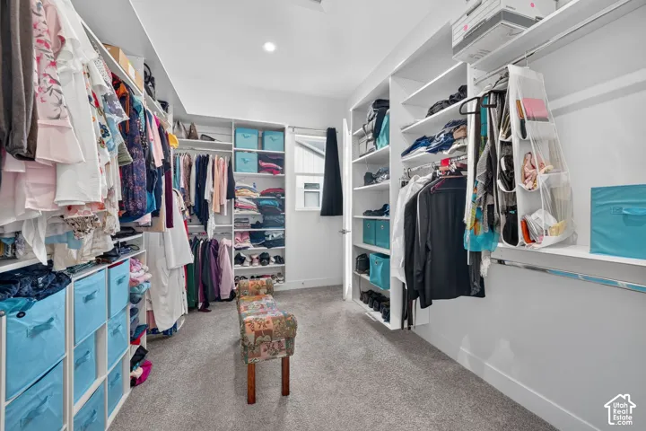 Walk-in closet featuring extensive custom white built-in shelving, hanging rods, and neutral carpeting