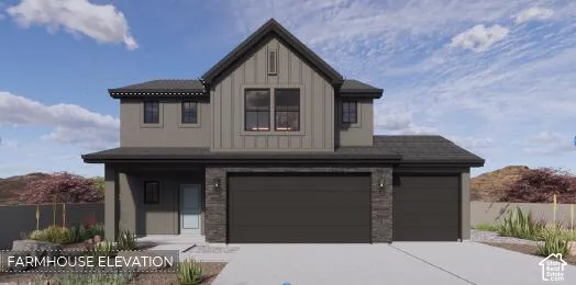 Farmhouse-style exterior featuring vertical board-and-batten siding, stone veneer accents, a multi-gabled roofline, and a three-car garage