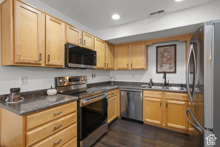 Kitchen featuring natural wood cabinetry, stone-finish countertops, stainless steel appliances, and wood-finish flooring