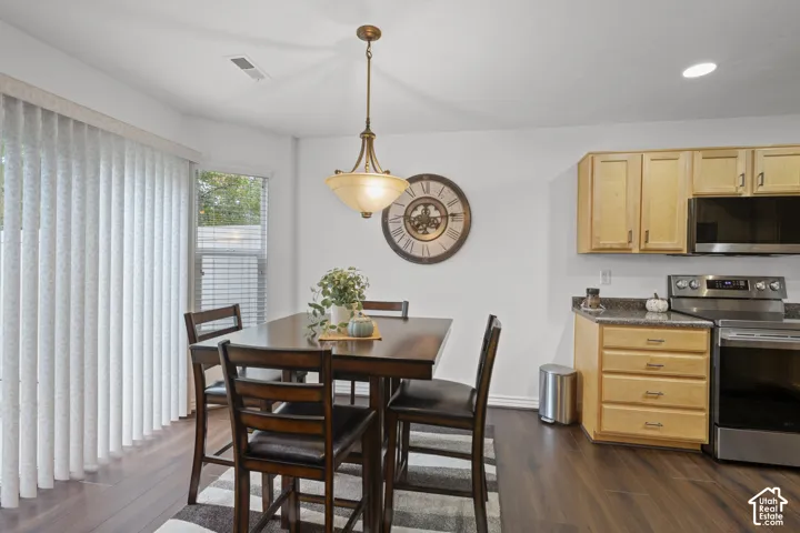 Kitchen featuring light wood cabinetry, stone-finish countertops, stainless steel appliances, dark wood-finish flooring, and a decorative pendant light fixture