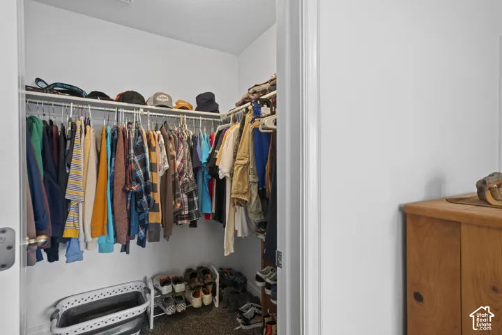 Walk-in closet featuring wall-to-wall carpeting and upper wire shelving