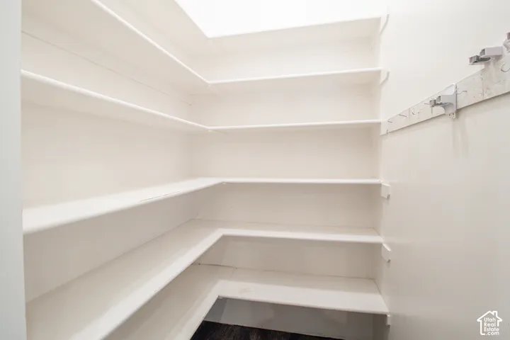 Storage space featuring wrap-around painted shelving and a wall-mounted organizational track