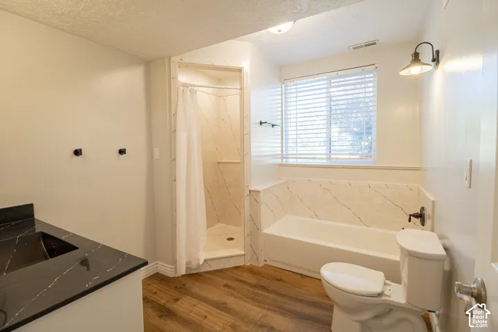 Bathroom featuring a black stone-finish countertop, wood-finish flooring, a tiled shower enclosure, a separate bathtub with tile surround, and wall-mounted lighting