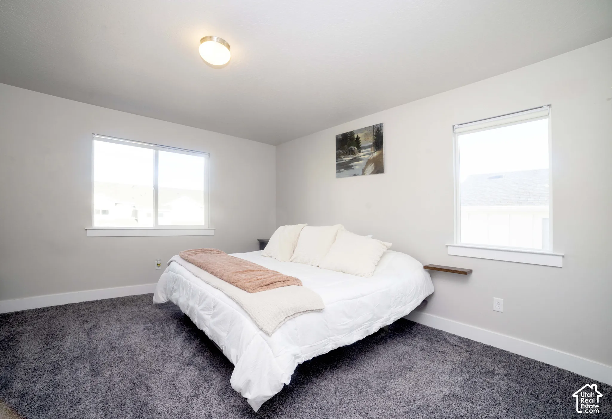 Neutral interior featuring grey carpeting, dual windows with white casings, a wall-mounted floating shelf, and a ceiling-mounted flush light fixture