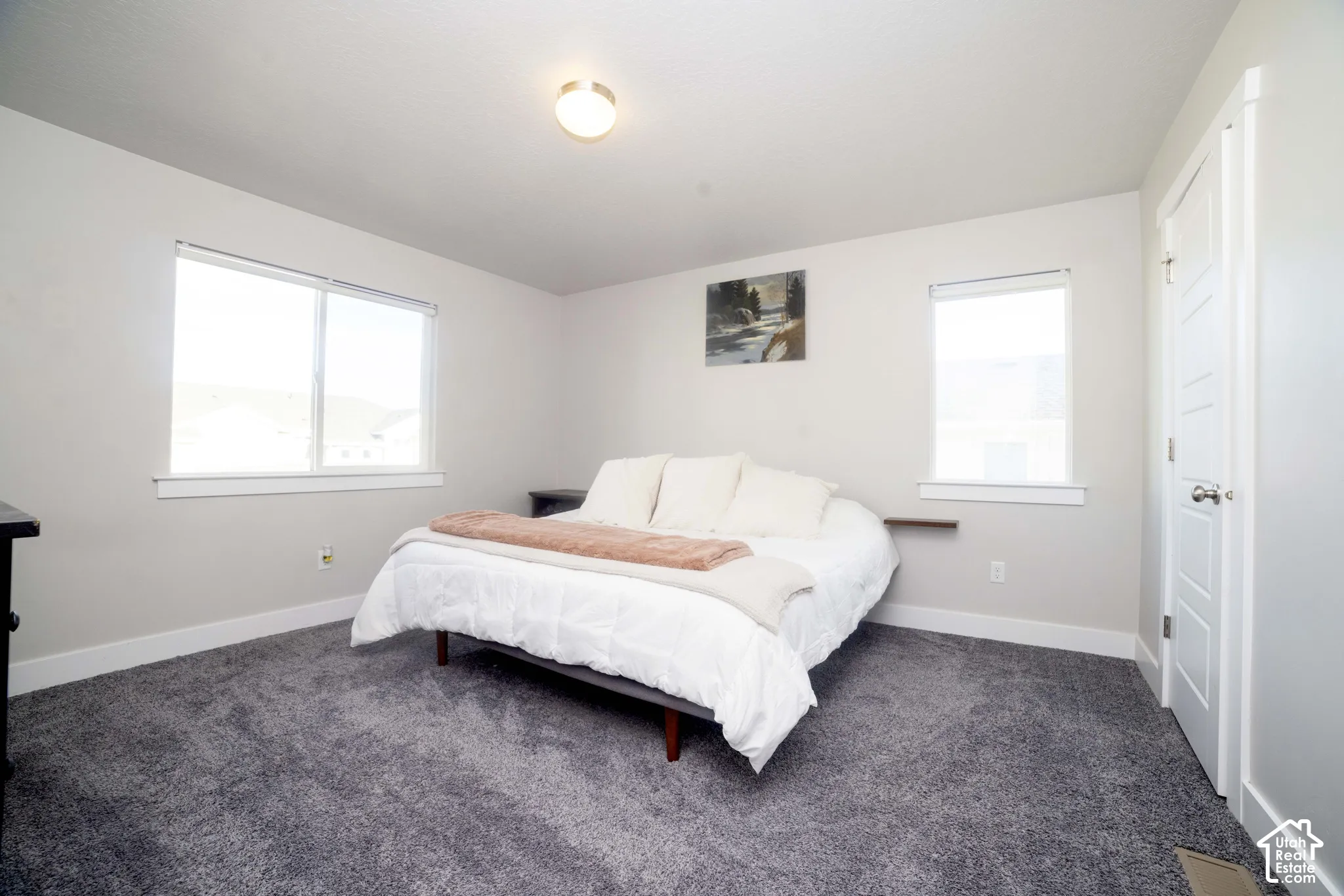 Neutral-toned room featuring plush wall-to-wall carpeting, two dual-pane windows, and a multi-panel interior door