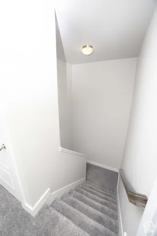 Stairwell featuring carpeted steps, a stained wood handrail, and a flush-mount ceiling light fixture