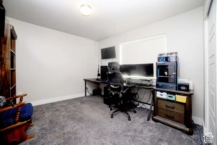 Room featuring neutral wall tones, beige carpeting, a single-panel interior door, and a window with a roller shade