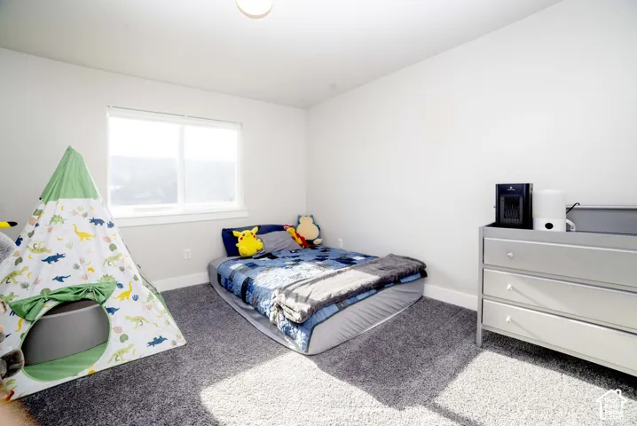 Neutral-toned bedroom featuring beige wall-to-wall carpeting and a single pane window