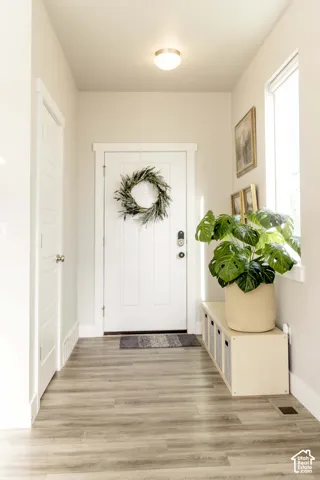 Entryway featuring LVP flooring, a white paneled door, neutral wall tones, and a flush-mount light fixture