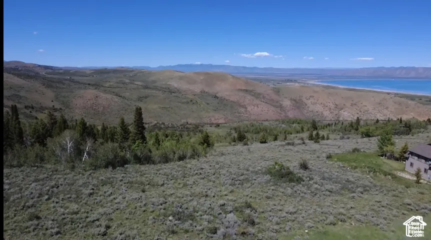 Expansive lot featuring native sagebrush, scattered evergreen trees, mountain terrain, and water frontage