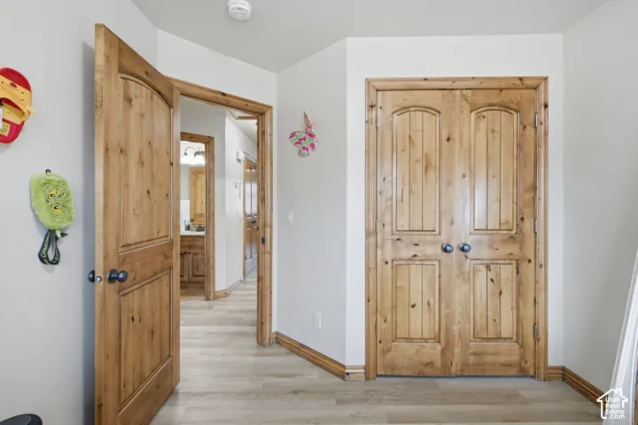 Interior hallway featuring stained wood-finish doors with arched-panel detailing, matte black hardware, and wood-finish flooring