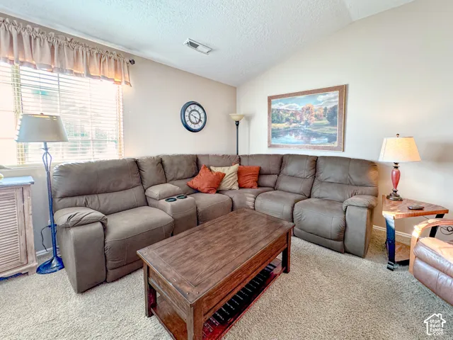 Neutral-toned interior room featuring a vaulted ceiling, carpeted flooring, and a window with integrated blinds