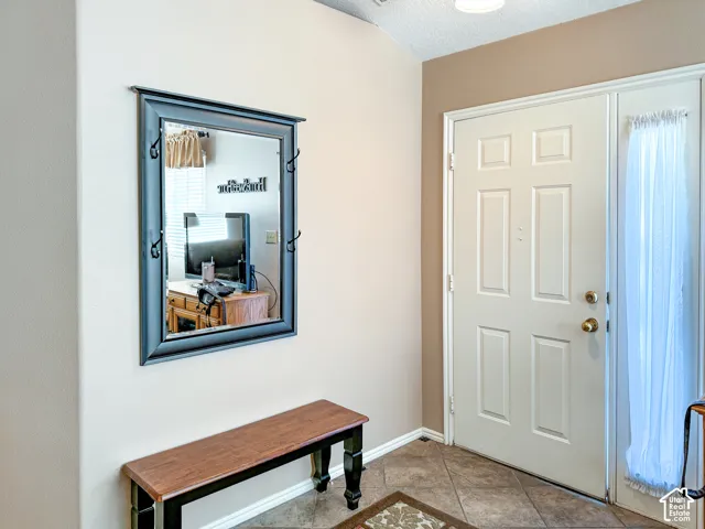 Entryway featuring a solid-core front door with decorative paneling, vertical sidelight, and diagonal tile flooring