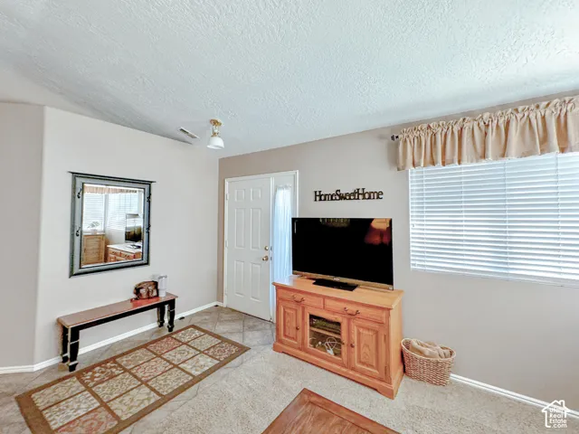 Neutral-toned interior featuring diagonal tile flooring, wall-to-wall carpeting, a six-panel entry door with sidelight, and horizontal window blinds