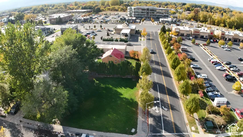 Aerial perspective of a parcel featuring mature landscaping, an open grass area, and frontage on a public roadway