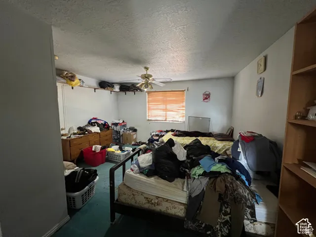 Room interior featuring a ceiling fan with integrated light fixture, horizontal slatted window blinds, and built-in wall shelving