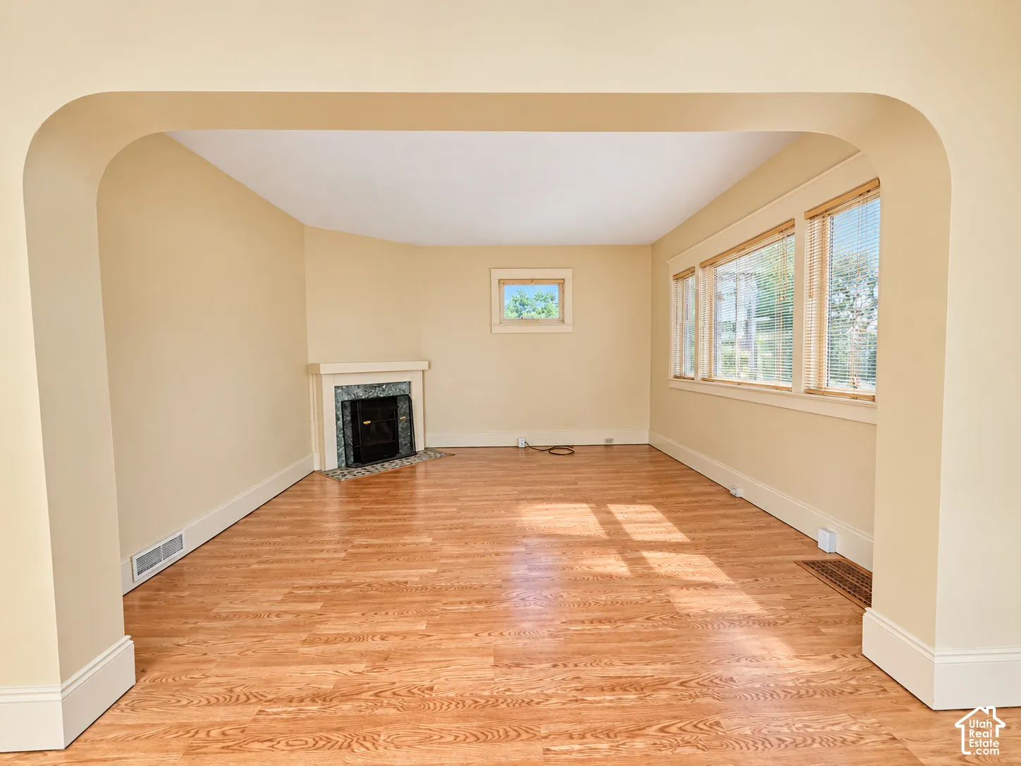 Arched architectural entry featuring wood-finish flooring, a corner fireplace with stone-tile surround, and multiple window installations