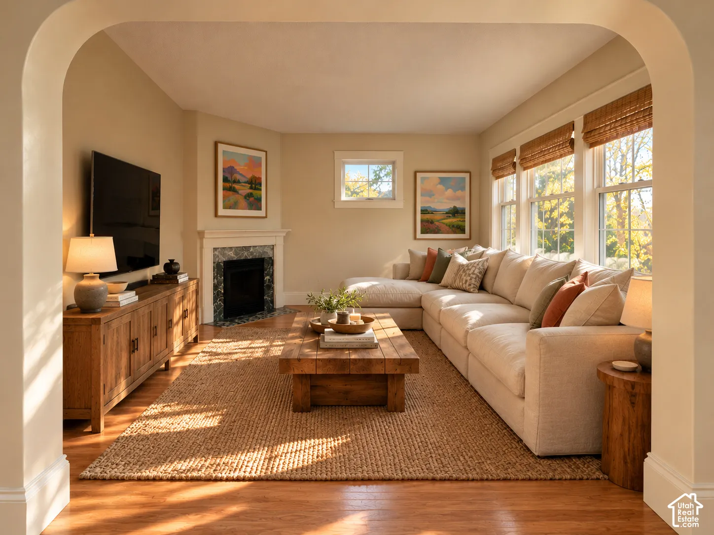 Living area featuring an arched entry, wood-finish flooring, corner fireplace with a decorative mantel, and multi-pane windows with woven wood shades