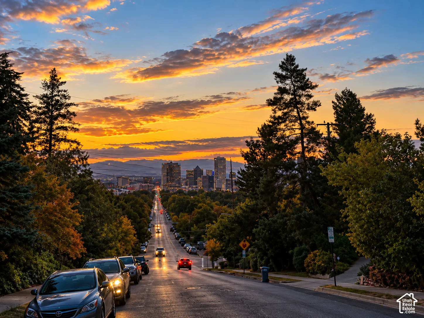 Streetscape featuring mature trees, surrounding hillside vegetation, and an urban skyline backdrop