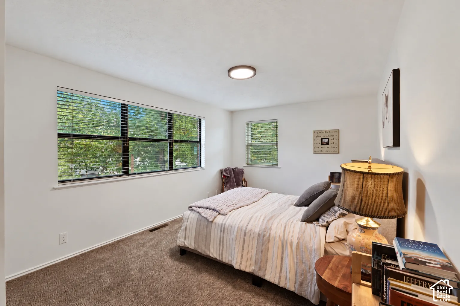 Neutral-toned interior space featuring wall-to-wall carpeting, large horizontal sliding windows, and a flush-mount ceiling light fixture
